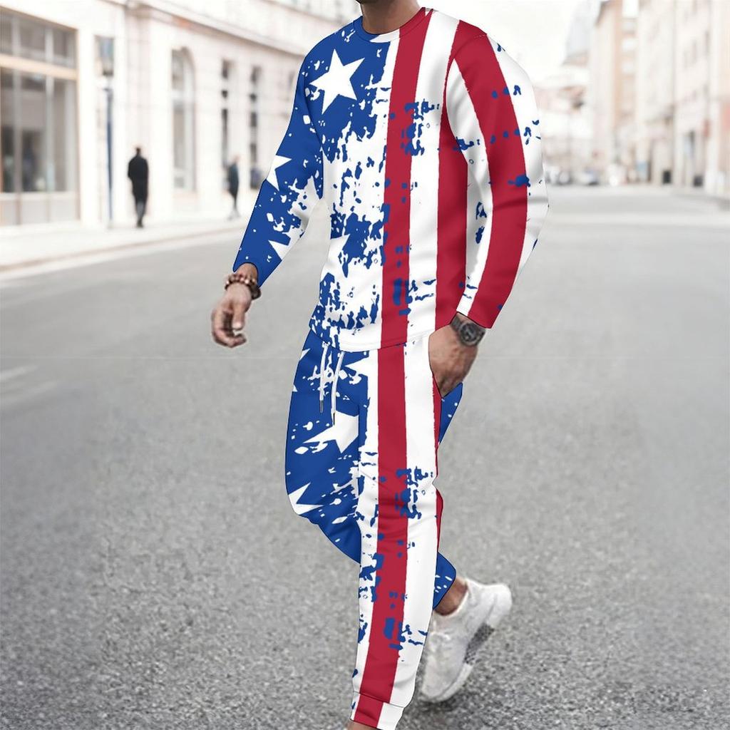 Men Vintage Star Stripe Print Long Sleeve Sweatshirt Drawstring Cuffed Jogger Pants Two Piece Streetwear Suit