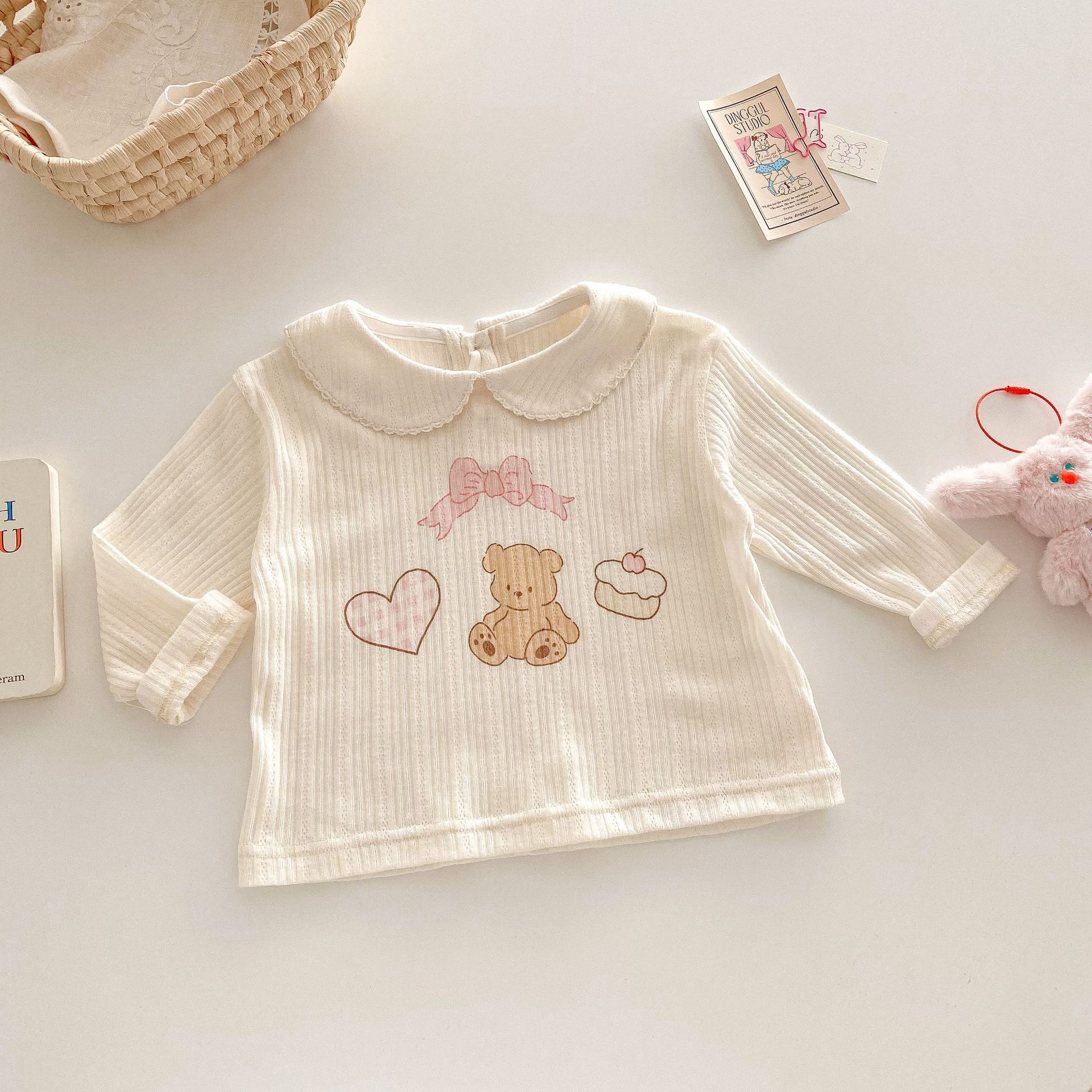 

Baby Girls Doll Collar T Shirt Cute Heart Bear Print Korean Fashion Spring Top for Toddlers 73 молочный белый