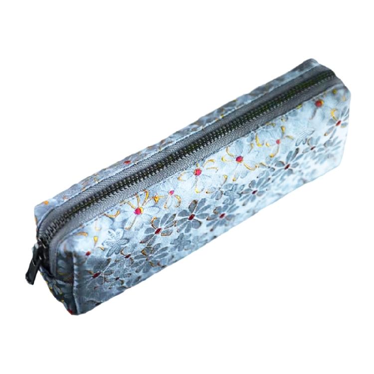Flower Embroidered Pen Pouches Large Capacity Cotton Linen Pencil Case Zippered Closure for School Office Accessory