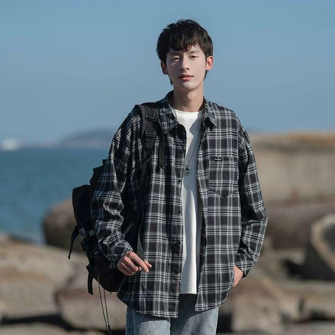 

Мужская рубашка свободного кроя с длинным рукавом в ретро-стиле в японскую клетку 2023 года на весну и осень Extra Large чёрный/белый