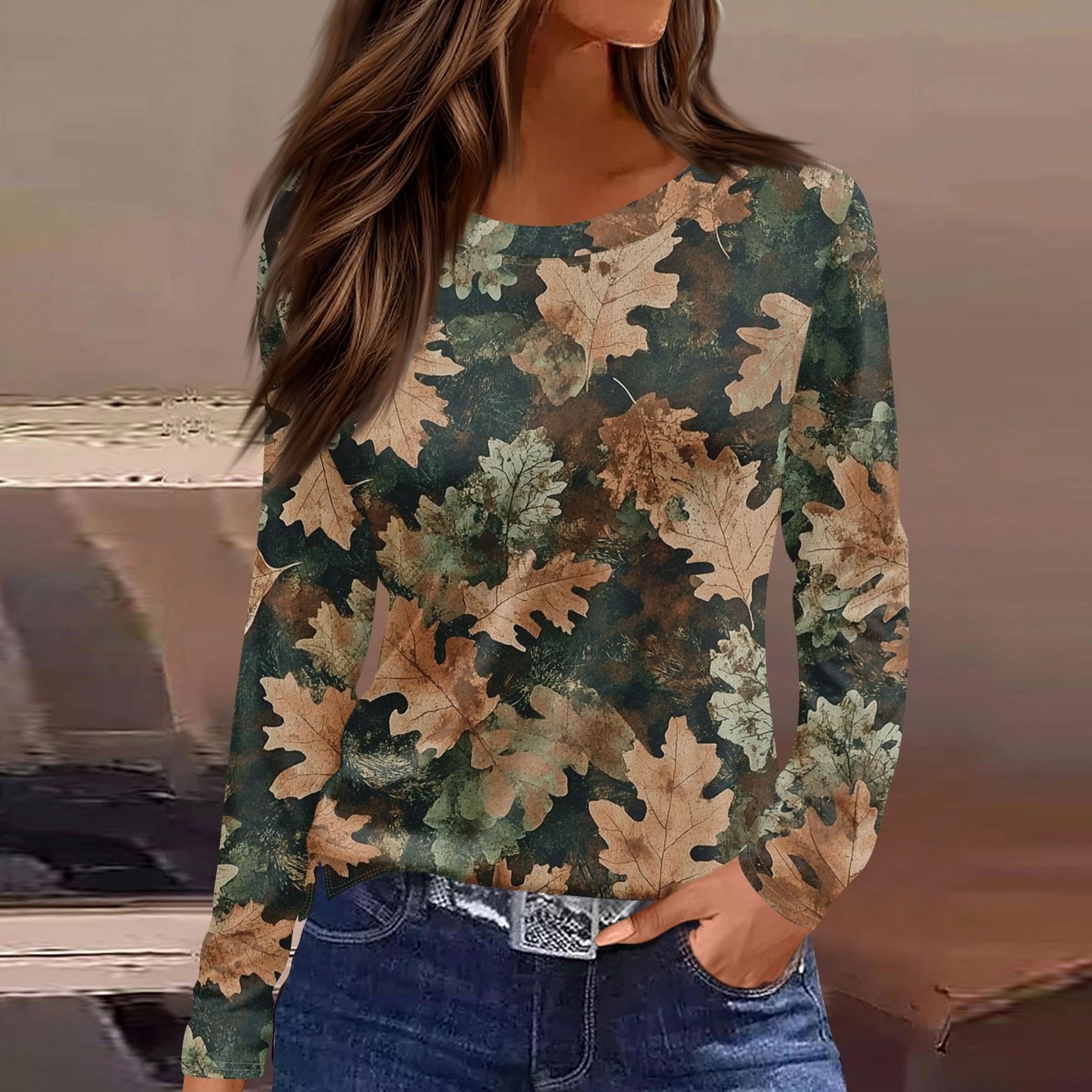

Женская мода повседневный топ с разрезом по низу и принтом мертвых листьев, круглый вырез, длинный рукав L армия зеленый