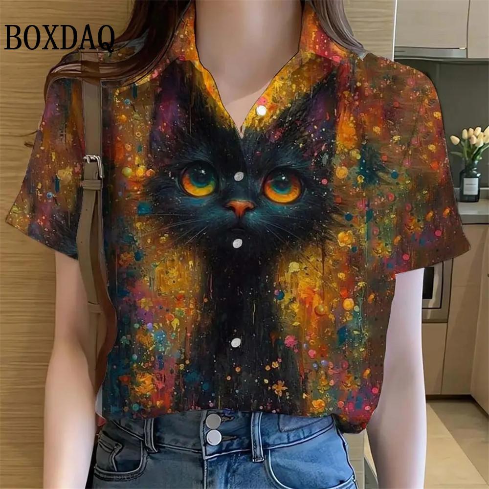 Womens Shirts Artistic Cute Cat Printed Casual Hawaiian Short Sleeve Button Beach Shirt Summer New Blouse Women's Clothes 2025