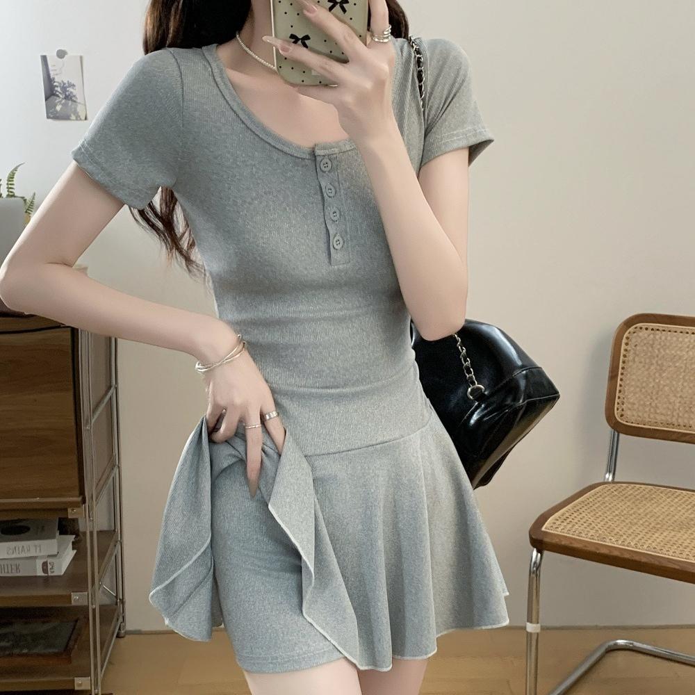 Summer Grey Slim Short Sleeve Mini Dress+shorts Women's Waist Cinched Pleated Elasticity A-line Short Skirt Young Girl Dresses
