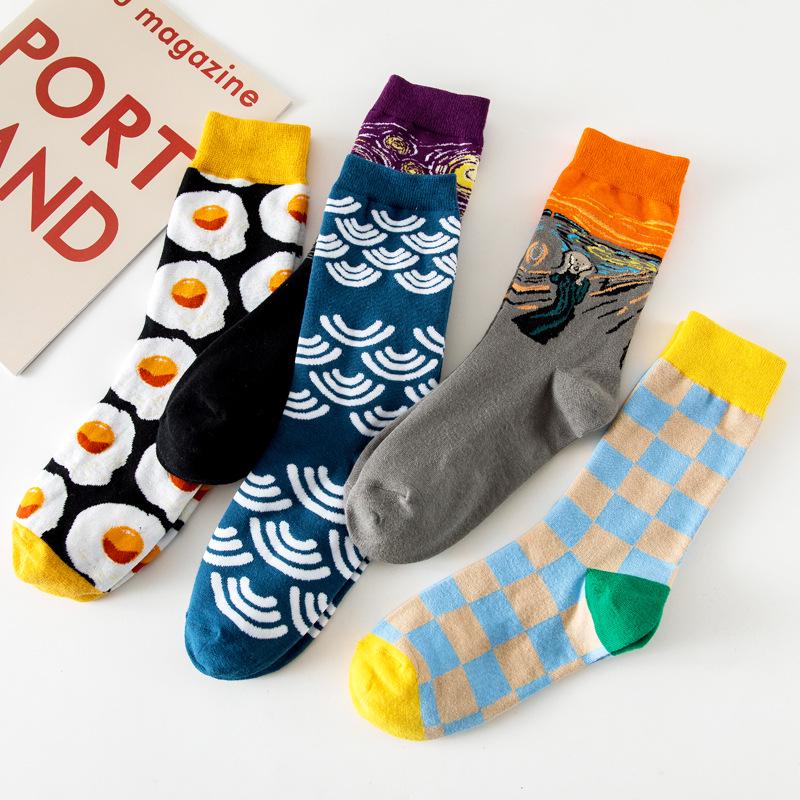 European & American Creative Oil Painting Mid-Calf Socks: Trendy Autumn/Winter High-Tube Cotton Socks