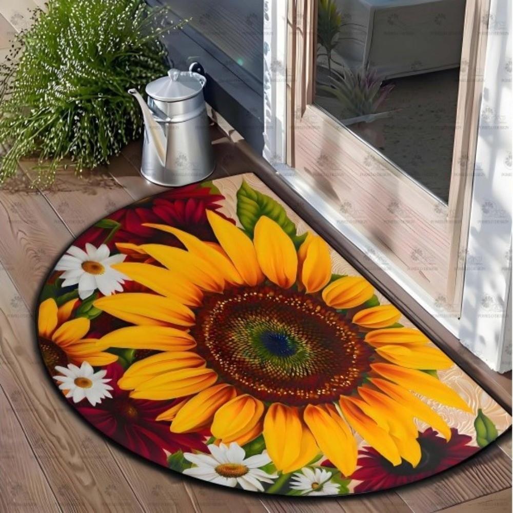 Thickened Non Slip Half Round Doormat Flower Floral Boho Door Mat Washable Absorbent Entrance Door Carpet Outdoor