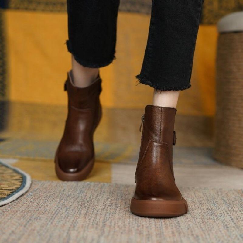 Women's Short Boots  Autumn/winter Thick Soled Casual High Buckle Round Toe Flat Bottomed Casual Boots for Women