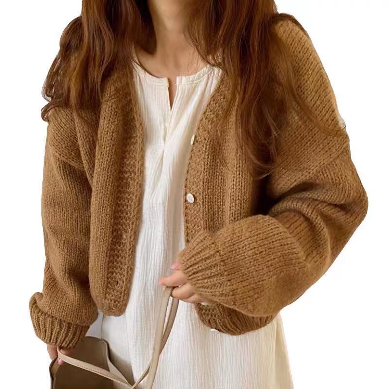 Autumn Winter New V-neck Cardigan Sweater Long Sleeved Women Casual Fashion Short Coats Solid Color Elegant Single-breasted Knitwear Jackets