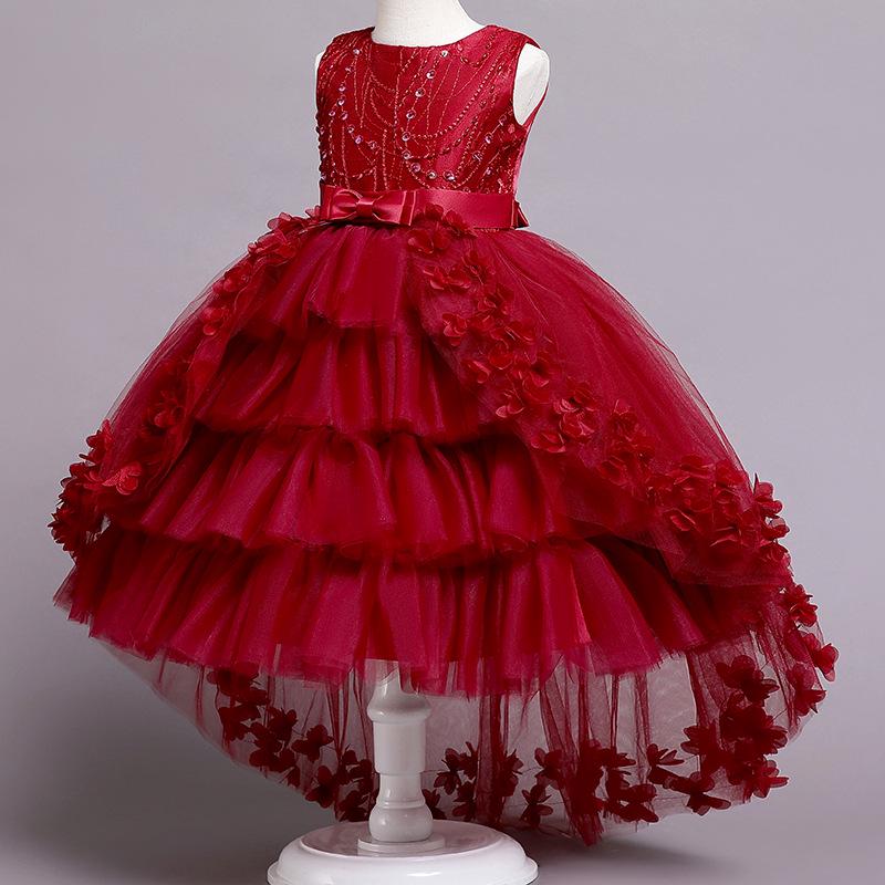 Children's Formal Puffy Princess Wedding Dress with Lace Train for Catwalk and Performances