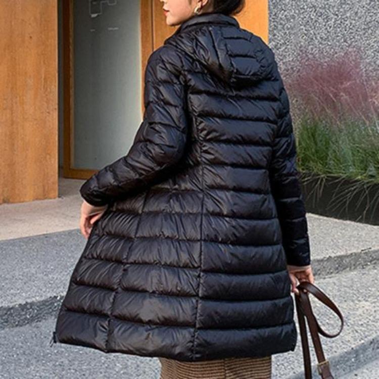 Women Plus Size Winter Down Coat Slim Fit Mid Length Hooded Windproof Warm Padded Long Sleeves Solid Color Zipper Closure