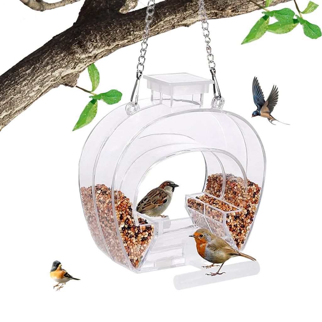 Transparent Viewing Window Bird Feeder With Perching Stand Garden Decor Hanging Installation Double-layer Tray And Water Bowl