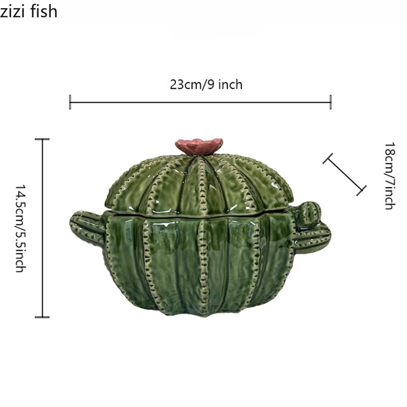 

Cactus Shaped Ceramic Bowl with Lid Double Ear Soup Plate Noodle Bowl Dessert Plates Storage Jar Fruit Plate Salad Bowls Dish