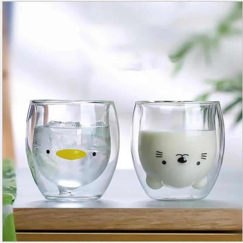 250ml Creative Cute Bear Double-layer Coffee Mug Double Glass Animal Milk Glass Lady Cute Cat Duck DogChristmas Gift Bar Tool