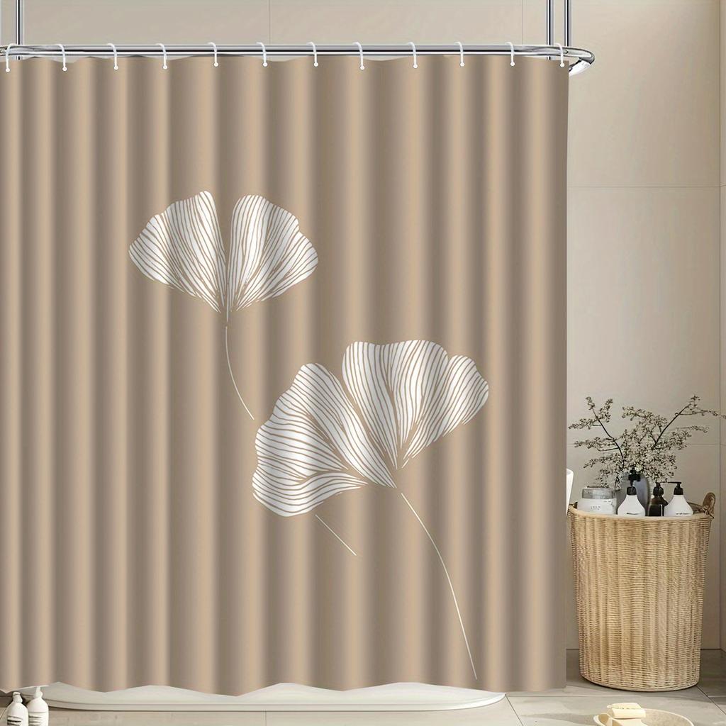 1pc Ginkgo leaf patterned shower curtain, polyester fabric, machine washable, with hooks, suitable for bathroom décor.