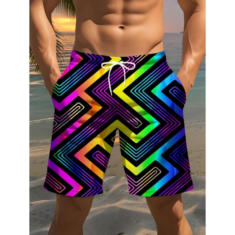 Men s beach shorts, colorful striped graphic 3D print, - Relaxed polyester drawstring waist S