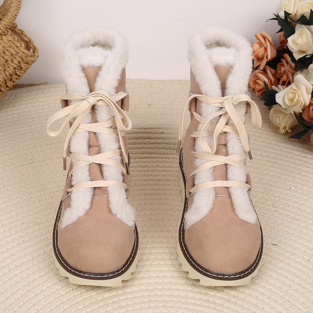 Plus Size Shoes for Women 36-43 Winter Plush Mid Calf Snow Boots Non-slip Warm Comfortable Lace Up Outdoor Round Toe Short Boots