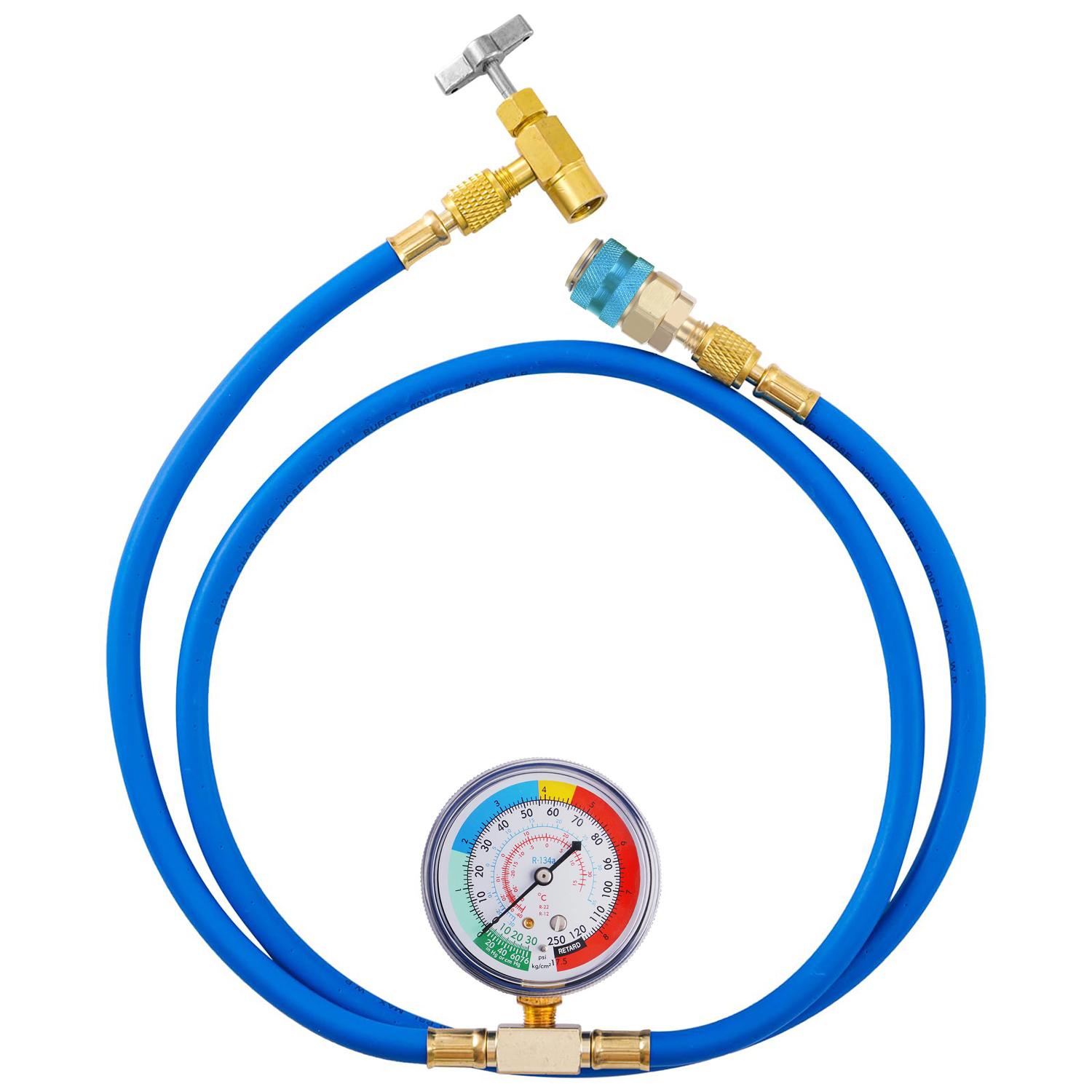 

150CM Refrigerant Recharge Hose Kit with Gauge R134A Air Conditioning Charging 1/4 inch Fittings Can Tap Quick Coupler Adapter