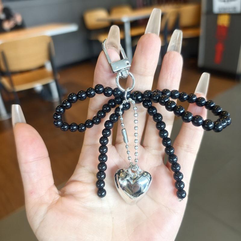 Bowknot Heart Bag Pendant Keychain Beaded Keyring White Pearl Bow Keychain Decoration For Bags Phones Car Korean Accessories