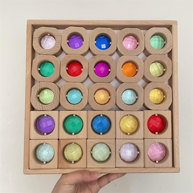 Large Wooden Fairy Tale Windows Blocks with Sparkling Stone Acrylic Toy Gems Transparent Window Stacking Blocks for Children