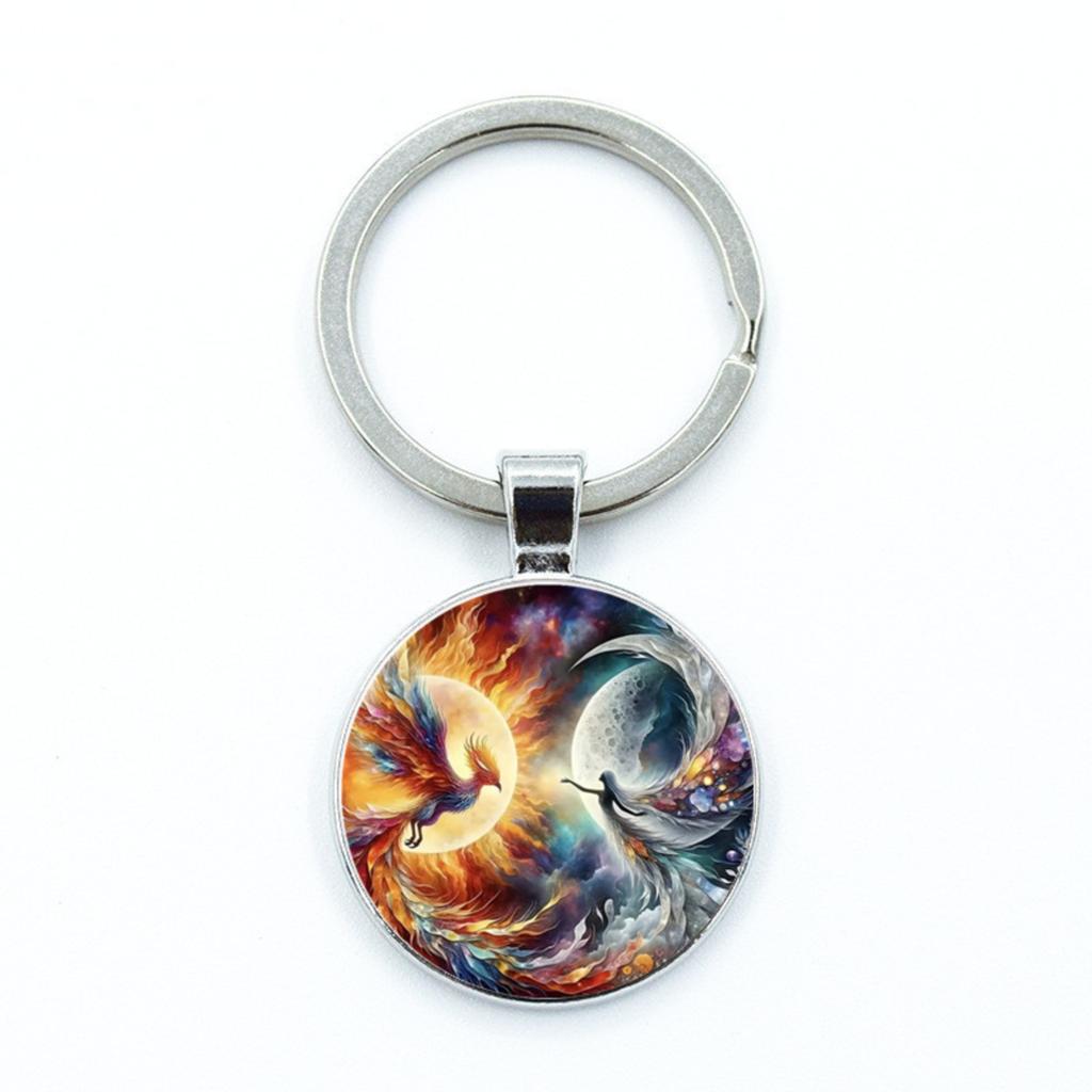 Round Alloy Keychain Pendant with Artistic Phoenix and Moon Print Metal Key Ring for Bags Backpacks and Keys Accessories