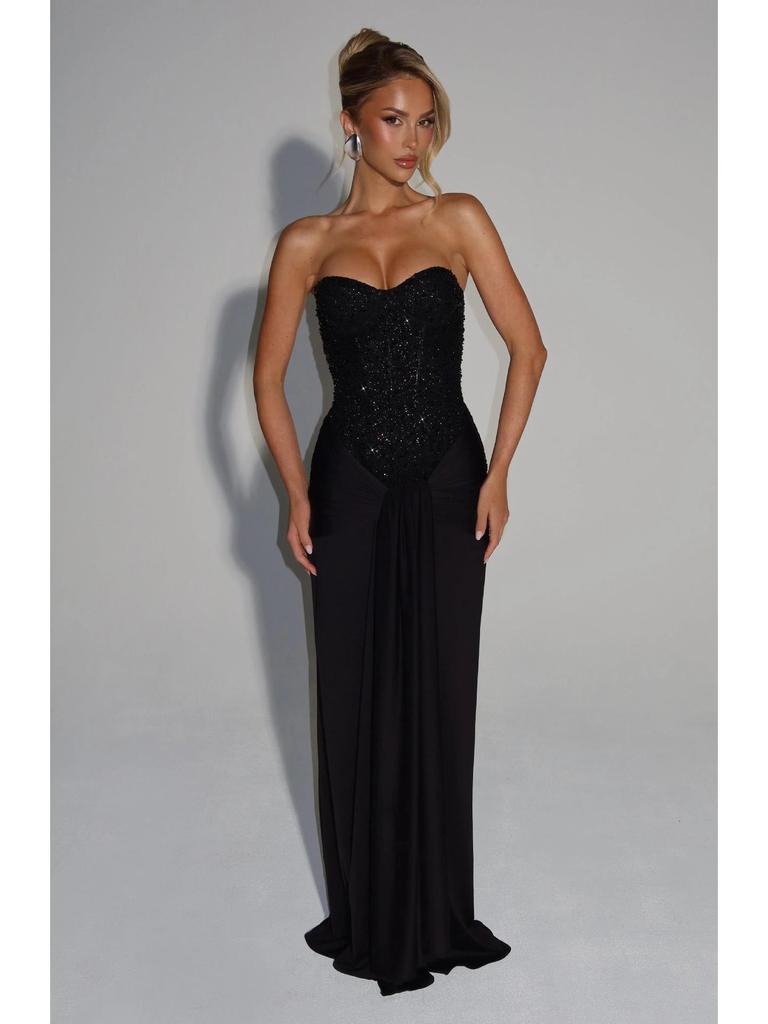 Elegantes Europäisches & Amerikanisches Damen-Formelles Schlank geschnittenes Kleid für Frühling/Sommer mit tiefem Ausschnitt, Pailletten, Reißverschluss und Falten-Design