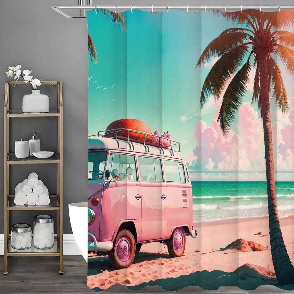 Pink Blue Car Beach Coconut Tree Sea Shower Curtain, Bathroom Decorative Shower Curtain, Waterproof Shower Curtain with Hooks
