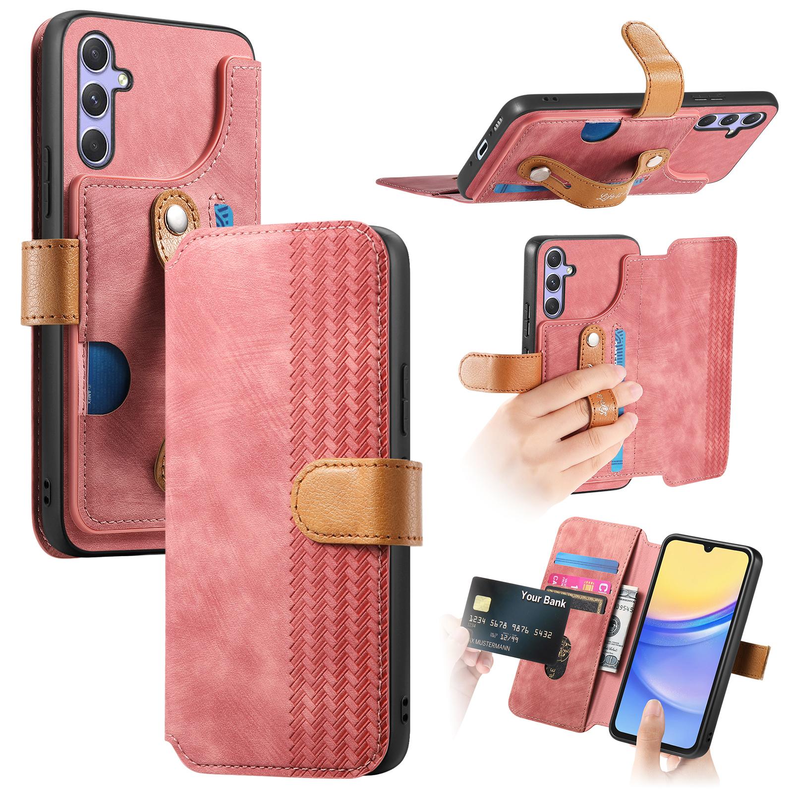 

For Samsung Galaxy A15 4G/5G Case Wallet Retro Leather Phone Cover with Wristband Kickstand Pink