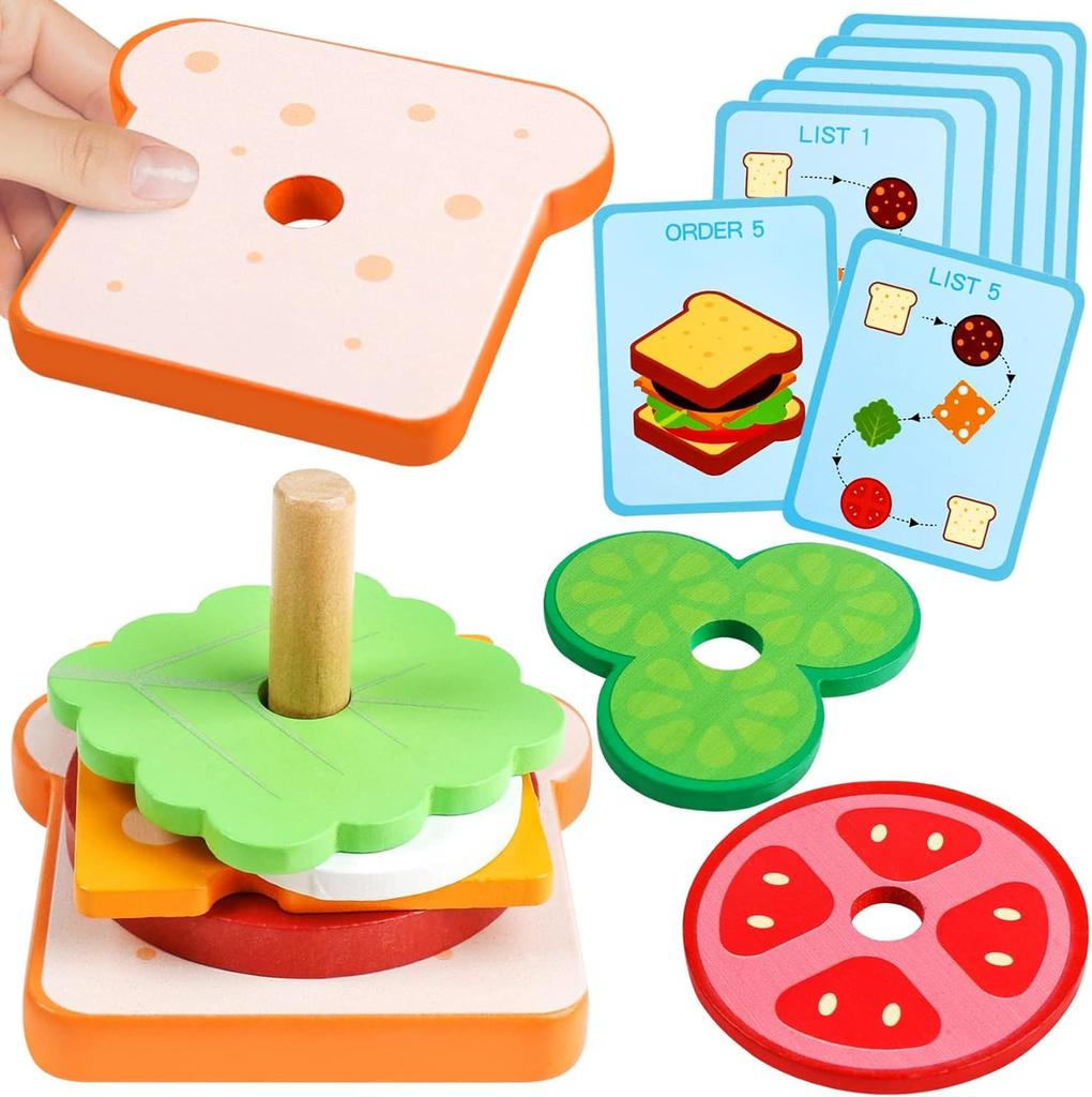 Wooden Hamburger Children's Stacking Toy, Wooden Burger, Food Cooking Toy, Wooden Stack Play Kitchen, Christmas Gift for Boys and Girls, 3+ Years