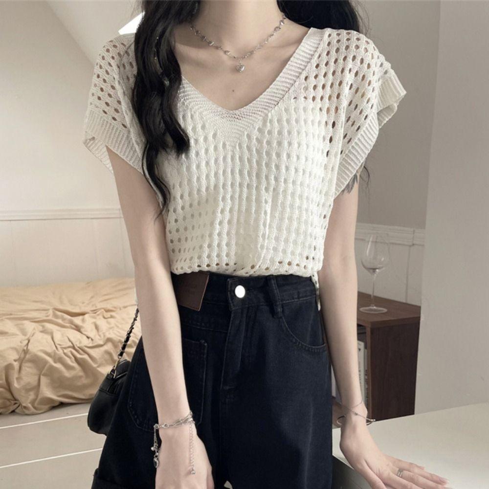 V-neck Hollow Out Knit T-shirt Oversized Beach Crochet Sweater Vest Leisure   Streetwear