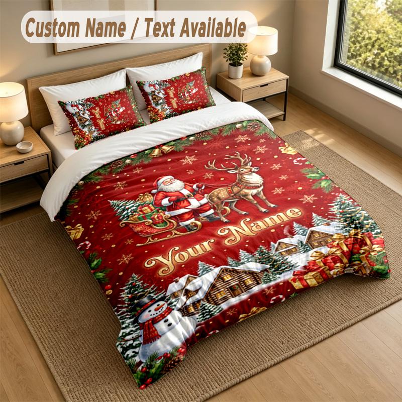 Christmas Theme Personalized 3Pcs Bedding Set Custom Text & Name 1 Sheet 2 Pillowcases Household Bedding 1pc