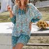 Women's Long Sleeve V-Neck Lace-Up Bohemian Print Dress