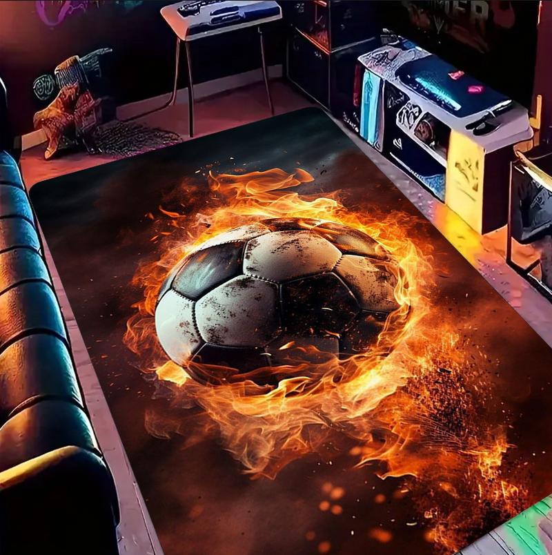 Flame Halo Soccer Ball Pattern Area Rug Dynamic Sports Style Non-Slip Floor Mat for Living Rooms Game Spaces