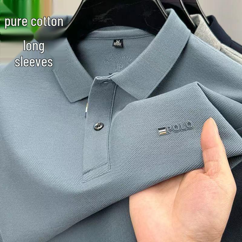 Polo homme Douyin automne en coton - Col rabattu, manches longues, couleur unie, coupe décontractée
