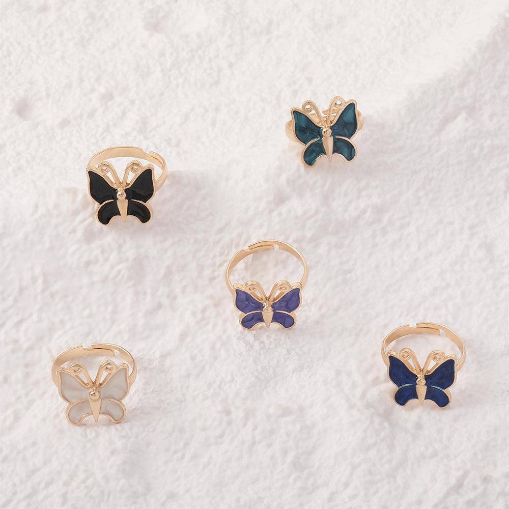 Personalized Ring, Fashionable Multi-Colored Butterfly Oil Drip Opening 5-Piece Set, Ring Jewelry.