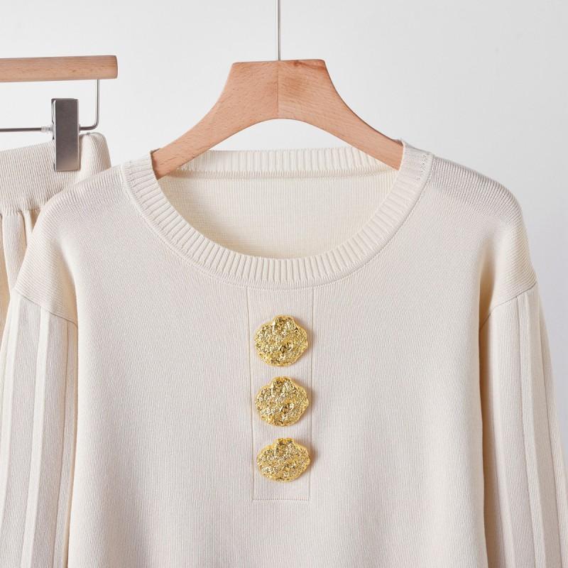 Womens Winter Knit Set: Solid Color Crew Neck Sweater A-Line Ribbed Skirt With Metal Button