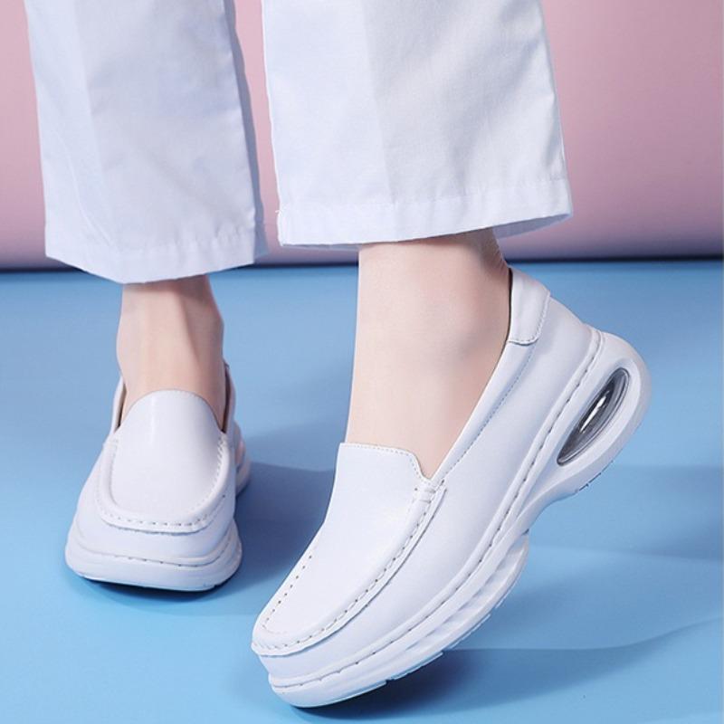 Women's Thick Soled Work Shoes Soft Soled Leather Breathable and Non-slip Nursing Shoes White Hollow Wear-resistant Casual Shoes