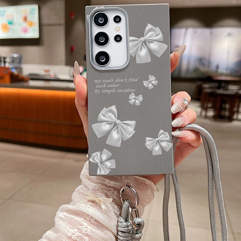 Bowknot Print Leather Texture Slim Matte Case For Samsung S25 Ultra S24 FE S23 A16 A56 A55 A36 A15 A35 Lanyard Rope Shockproof TPU Soft Phone Cover