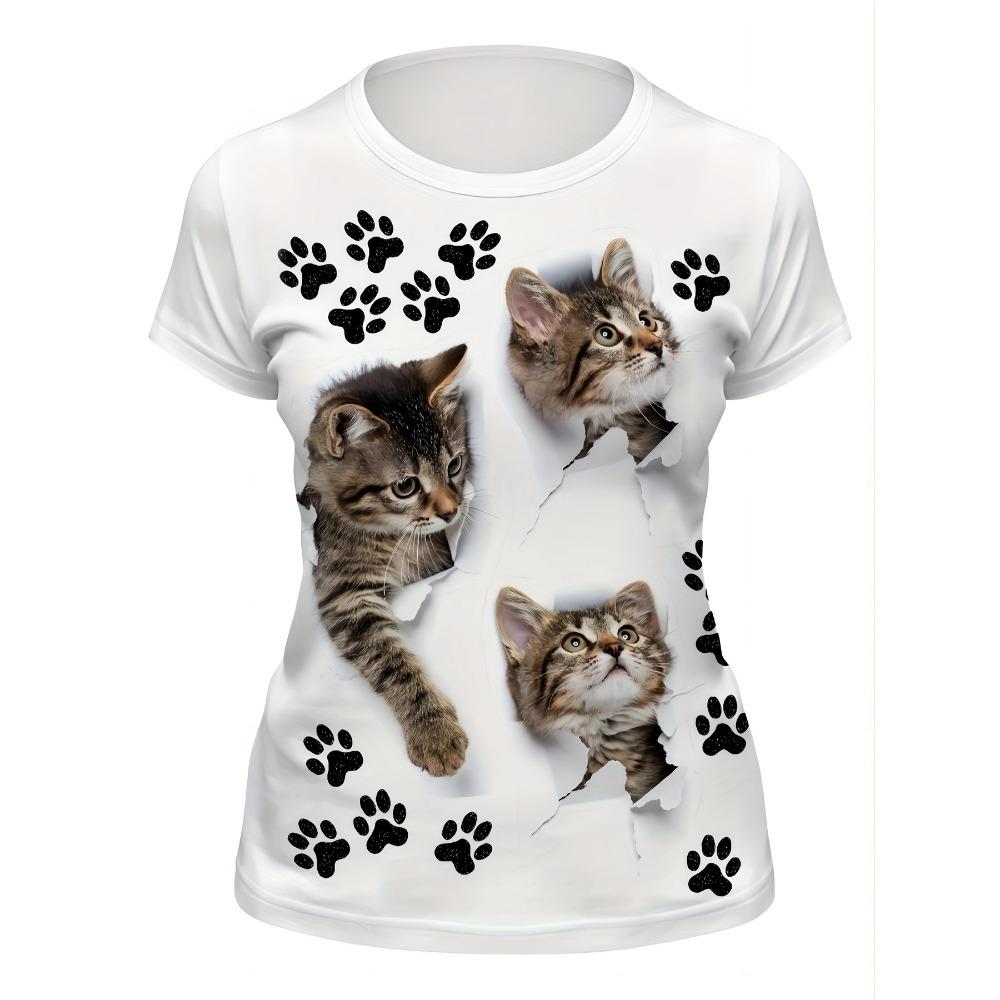 Women's Casual T-shirt with 3D Cat Paw Print Design, Crew Neck, Comfortable for All Seasons