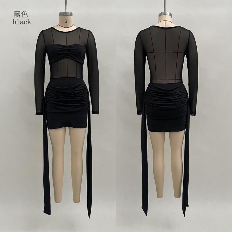 Abito Mini Elegante da Donna a Manica Lunga con Pannello in Rete Trasparente Slim Fit Girocollo Ufficio Casual