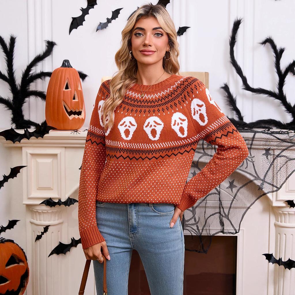 Autumn and Winter New European and American Sweaters Women's Loose Halloween Unique Skull Jacquard Crew Neck Long-sleeved Knitted Sweater