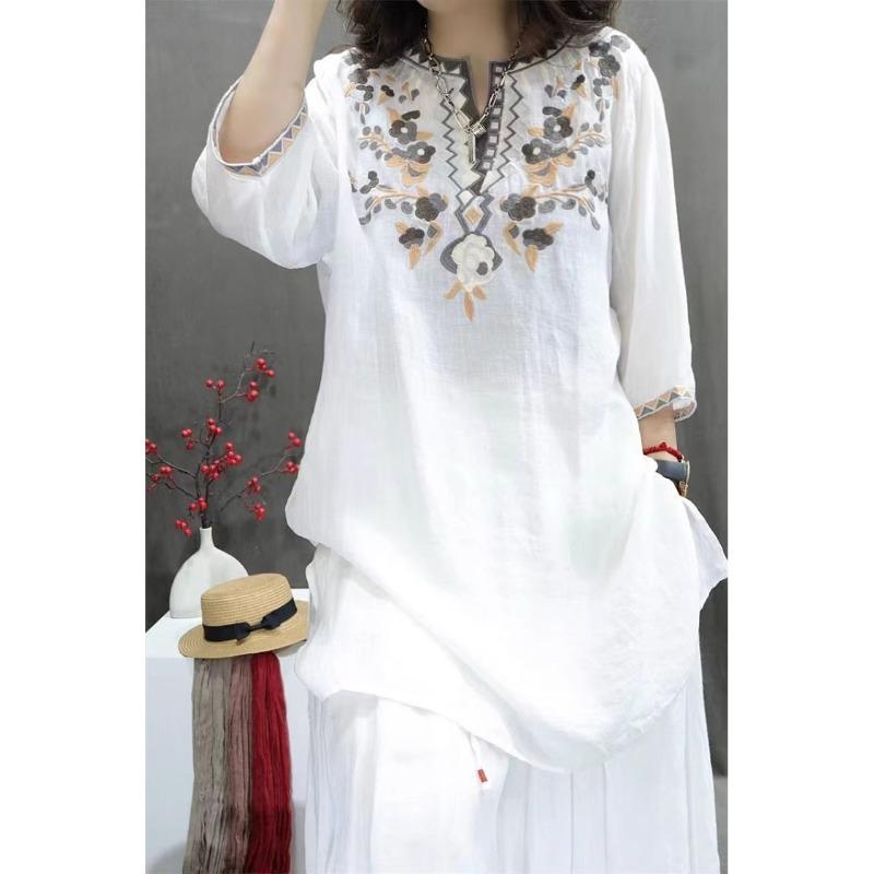 Summer Heavy Industry Women's Vintage Embroidered Medium-length Loose Cotton and Linen Stylish Casual Pullover Top