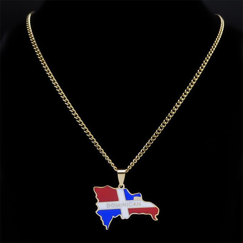 Dominican Republic Map Country Flag Necklace Pendant for Women Men Stainless Steel Gold Color Necklaces Jewelry Gift N7606GDS05