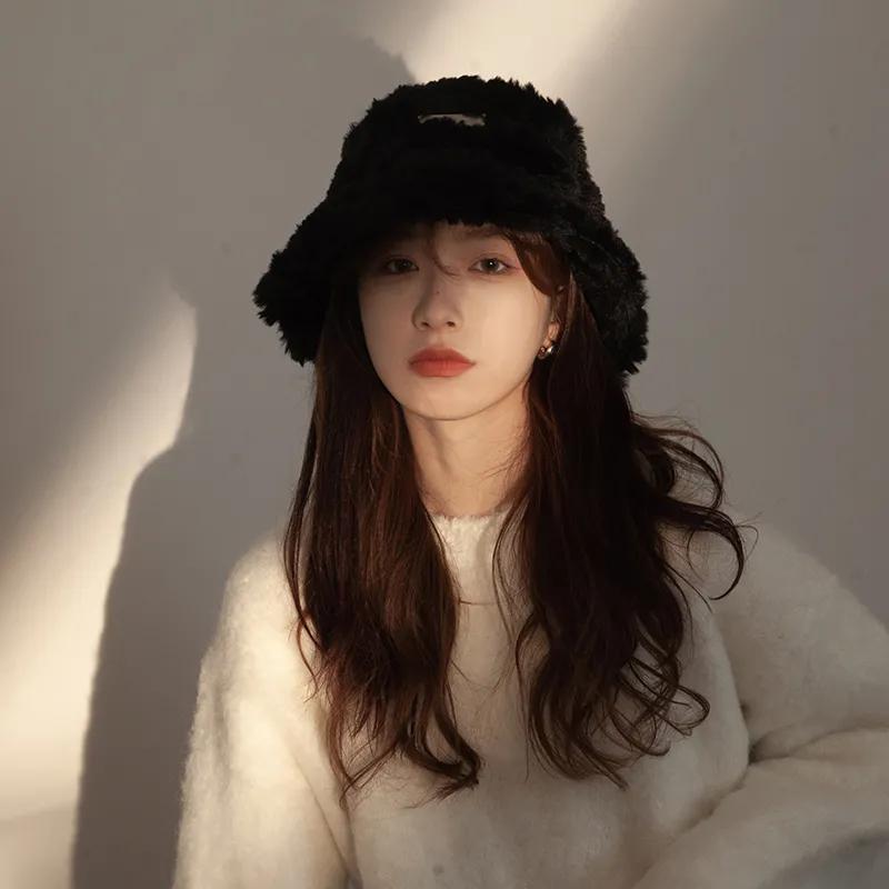 Women's Plush Fisherman Hat Autumn Winter Thickened Warm Bucket Cap Versatile Basin Cap