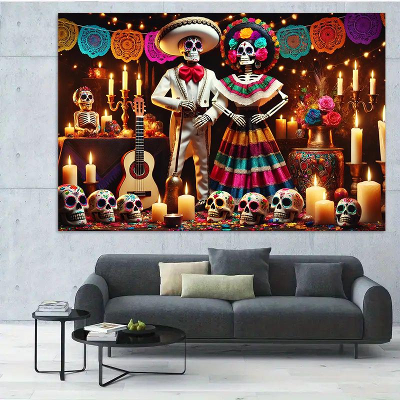 2D Background Banner, Made of Bright Polyester Material, Depicting the Grand Scene of the Day of the Dead In Mexico