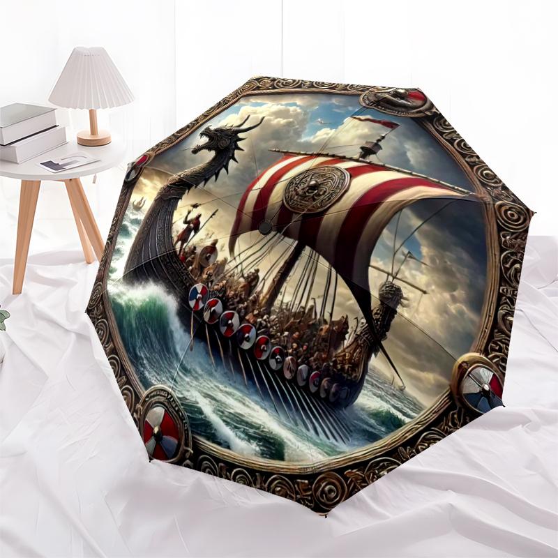 1PC Viking Theme Umbrella Portable Folding Umbrella Iron Frame Hole Bone Structure Outdoor Home Umbrella A3