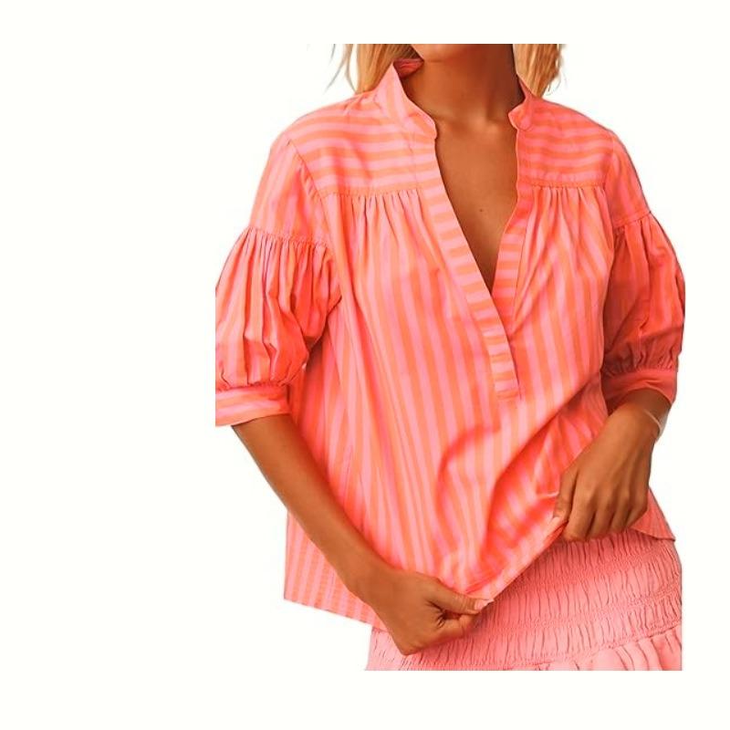 Fashion Loose Striped Lantern Short Sleeve Summer Shirt Women Loose Casual Simple Blouse Office Ladies Elegant Basic Streetwear Women's Clothing