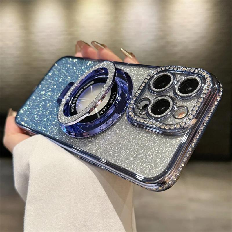Luxury Plating For Magsafe Magnetic Stand Holder Glitter Diamond Case For iPhone 17 16 15 11 12 13 14 Pro Max Silicone Cover