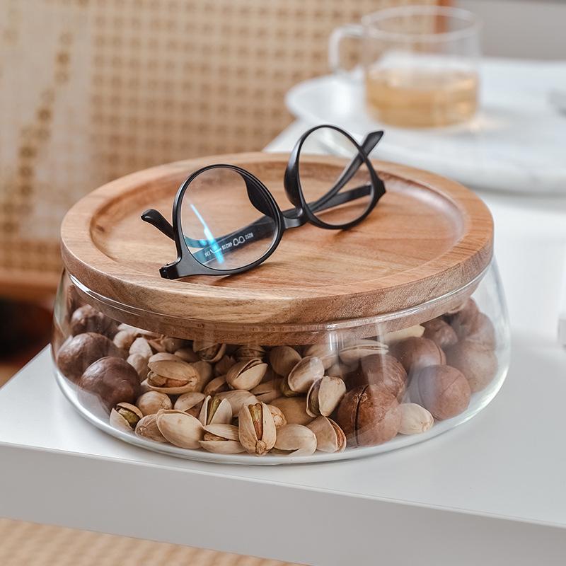 Acacia Wood Double-Layer Candy Bowl with Glass Lid for Living Room Coffee Table