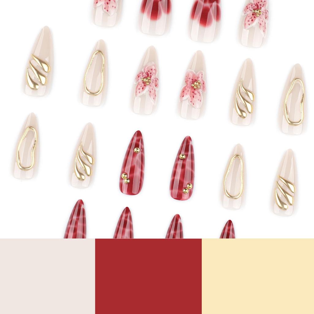 3D Floral Nail Art: Long Almond-Shaped Wearable Nails with Petal Design