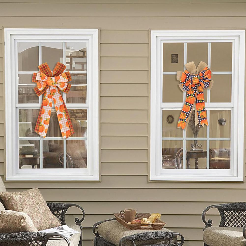 3pcs Large Fall Bows, Pumpkin Plaid Print Bows For Wreaths, 11"x19.7" Thanksgiving Ribbon Bows For Home Indoor Outdoor Decoration Ornament