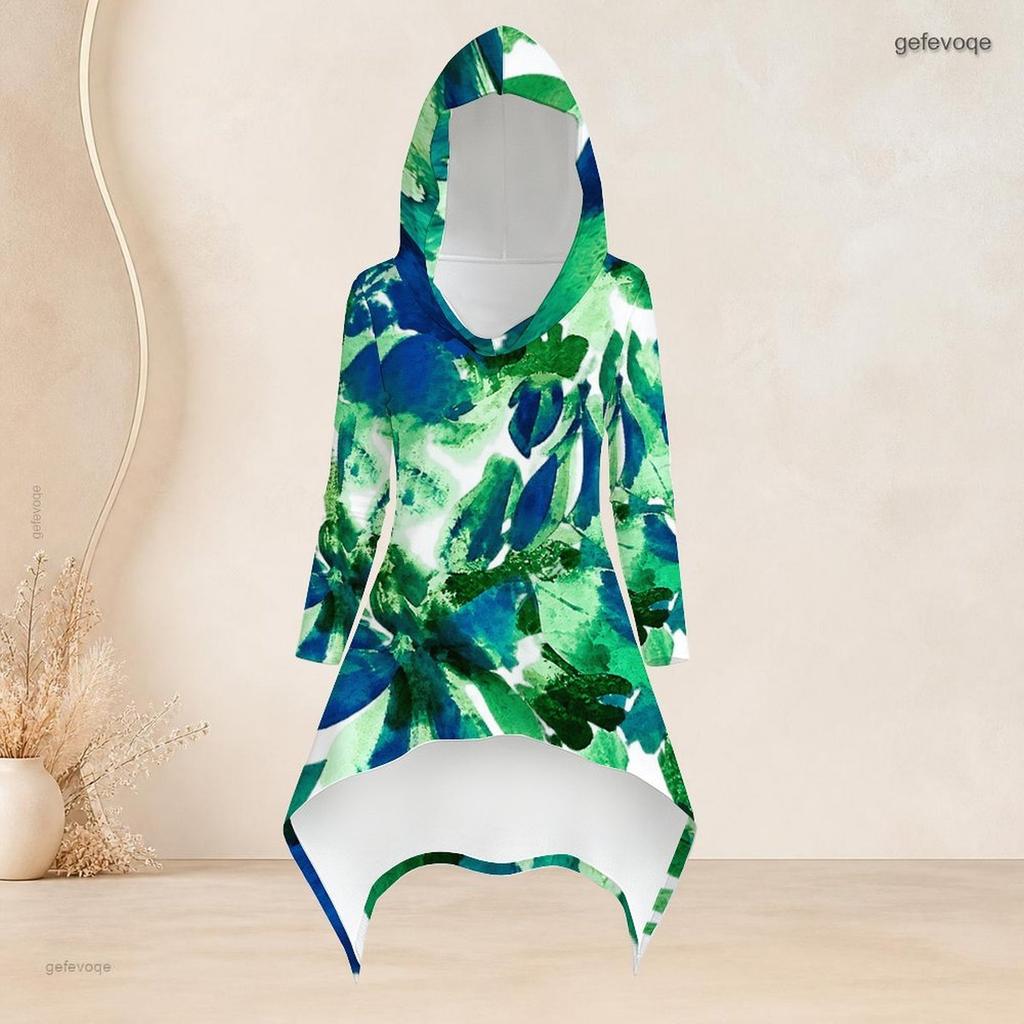 Women Plus Size 2 Piece Outfit Hooded Long Sleeve Tropical Leaf Printed High Low Top Fitted Pants